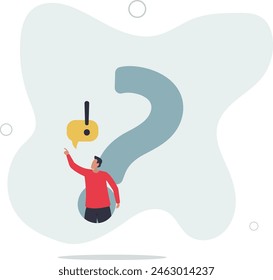 determination businessman comes out from question mark sign to answer question.flat vector illustration.