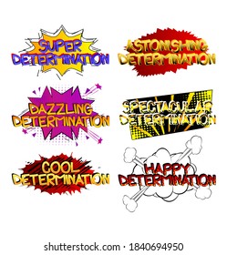 Determination Comic book style cartoon words on abstract colorful comics background.