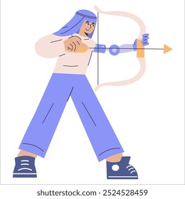 Conceito de determinação. Um empresário diversificado visa com precisão usando um arco e flecha, incorporando foco e realização de objetivos. Ilustração vetorial.