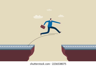 Determination and Courage. career challenge or motivation to win.  businessman jump or road over cliff gap to achieve business target. illustration