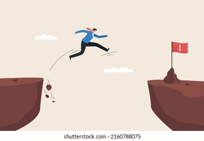 The determination and courage to overcome obstacles and achieve business success. career challenge. 
A businessman jumps over a cliff gap to grab the flag of victory.