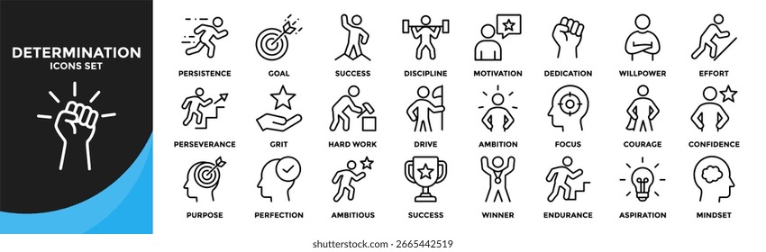 Determination icon collection set. Containing design Persistence, Goal, Discipline, Motivation, Success