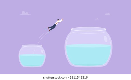 Determination or new challenge concept, confident businessman jump from small fishbowl to the better one. Change or move to better opportunity, entrepreneurship, escape from comfort zone or safe zone.
