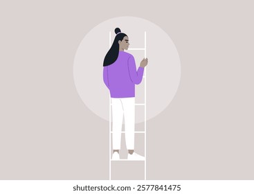 With determination radiating from every movement, a character climbs a ladder, reaching for aspirations in a softly lit space that hints at creativity and growth