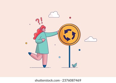 Determination or thinking to find a solution concept. Person stomps in one place, lack of progress. Woman pondering in front of a road sign with signs. Isolated vector illustration.