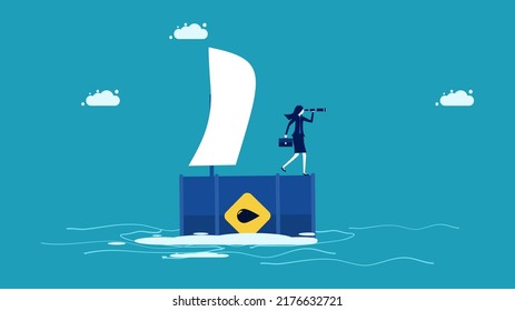 Determine the direction of energy costs. Businessman sailing on oil tanks. vector
