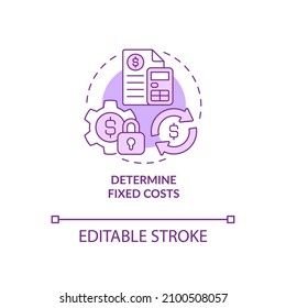 Determine el icono de concepto púrpura de costos fijos. Ilustración de línea delgada de idea abstracta de presupuestos de inicio. Dibujo de contorno aislado. Trazo editable. Fuentes Roboto-Medium, Myriad Pro-Bold utilizadas
