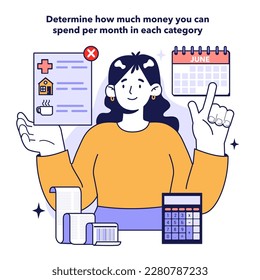 Determine how much money you can spend per month in each category to keep a family budget. Household spendings management. Financial efficiency, budgeting and economy idea. Flat vector illustration