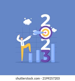 determine targets for business in 2023. an entrepreneur analyzes and sets strategies to develop or improve business performance. happy new year 2023. illustration concept design. graphic elements