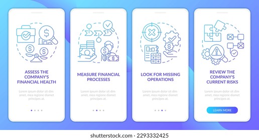 Determine treasury management need blue gradient onboarding mobile app screen. Walkthrough 4 steps graphic instructions with linear concepts. UI, UX, GUI template. Myriad Pro-Bold, Regular fonts used