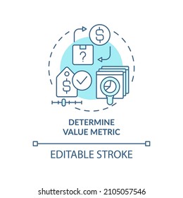 Determine value metric turquoise concept icon. Financial measure abstract idea thin line illustration. Isolated outline drawing. Editable stroke. Roboto-Medium, Myriad Pro-Bold fonts used