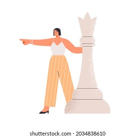 Determined ambitious business leader pointing at strategic goals. Leadership, strategy and tactics concept. Confident woman with chess piece. Flat vector illustration isolated on white background