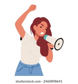 Determined, Angry Woman Raises Her Fist And Voices Her Stance Through A Megaphone. Female Character Embodying The Spirit Of Activism And Empowerment. Leading A Rally Or Making An Announcement, Vector