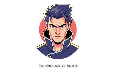 A Determined Anime Character With Spiky Blue Hair and a Serious Expression Wearing a High-Collared Jacket