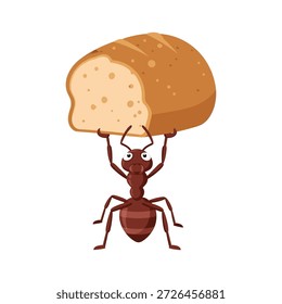 Determined ant carrying a large slice of bread with effort
