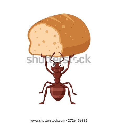 Determined ant carrying a large slice of bread with effort
