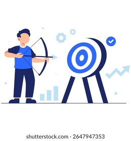 Um arqueiro determinado apontando uma flecha em uma meta, representando precisão, foco e crescimento estratégico em um contexto de negócios vibrante.