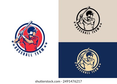 Determinado jugador de béisbol hace girar un bate en un logotipo que simboliza los deportes de equipo, la competencia y la destreza atlética, con un diseño de estilo vintage.