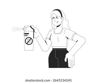 Determinada mulher loira pulverizando inseticida 2D caractere de linha. Controlo doméstico de pragas. Mulher caucasiana segurando repelente de insetos isolada vetor tinta contorno pessoa. Ilustração de ponto monocromático