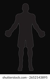 A determined boxer stands in silhouette with arms outstretched, wearing boxing gloves against a black background. His intense expression conveys readiness for a fight.