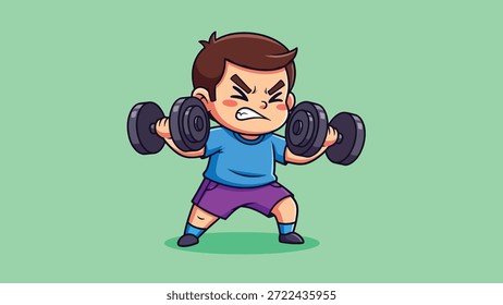 Um determinado personagem de desenho animado menino é mostrado levantando halteres pesados, mostrando força e foco durante seu treino.