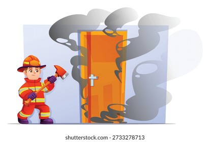 Niño bombero decidido que lleva un hacha roja para romper una puerta de madera humeante. Vector ilustración de dibujos animados