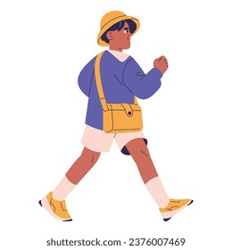 Determined boy in uniform go to aim, goal. Aspiration of success. Kid in panama walk, stepping, carrying bag, schoolbag. Children back to school. Flat isolated vector illustration on white background