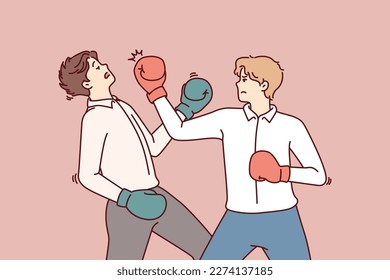 Determined business man in boxing gloves strikes opponent in face, symbolizing fierce competition between employees. Men in business attire are fighting for right to take emerging position of manager 