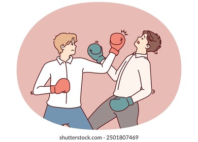Determined business man in boxing gloves strikes opponent in face, symbolizing fierce competition between employees. Men in business attire are fighting for right to take emerging position of manager