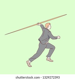 Determined business man running, holding javelin & preparing to throw it. Businessman achieving success. Career challenge, competition & skill concept. Flat thin line vector isolated illustration - Powered by Shutterstock - Get 15% off with code: PIKWIZARD15