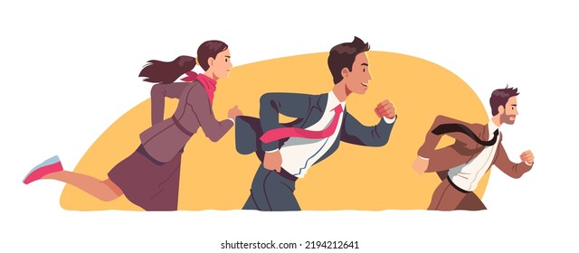 Determined business men, woman rival persons competing running. Businessperson worker colleagues runners race competition. Rivalry, determination, career, success concept flat vector illustration