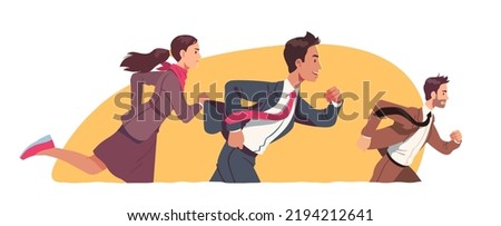 Determined business men, woman rival persons competing running. Businessperson worker colleagues runners race competition. Rivalry, determination, career, success concept flat vector illustration