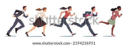 Determined business men, women persons competing running set. Confident businessmen, businesswomen workers runners career race competition. Determination, success concept flat vector illustratio
