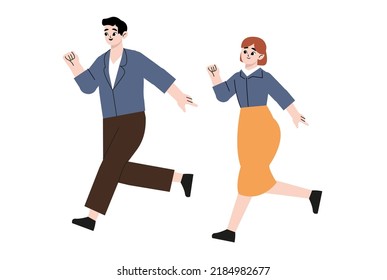 Determined business woman and man running fast together. Businesswoman and businessman team trying to be in time. Flat style vector illustration isolated on white background.