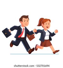 Determined business woman and man running fast together. Businesswoman and businessman team trying to be in time. Flat style vector illustration isolated on white background.