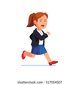 Determined business woman running fast to the right side. Businesswoman trying to catch on time. Flat style vector illustration isolated on white background.