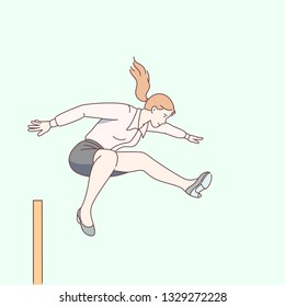 Determined business woman running and jumping over hurdle in steeplechase race. Businesswoman hurdler overcoming obstacle. Career challenge, competition & skill concept. Flat line vector illustration