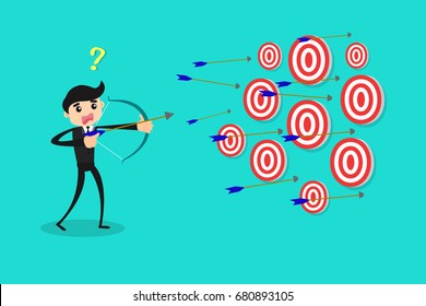 Determined businessman aiming at target with bow and arrow/business vector concept