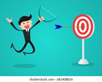 Determined businessman aiming at target with bow and arrow/business vector concept