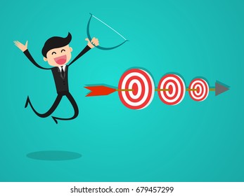 Determined businessman aiming at three target with one arrow/business success vector concept