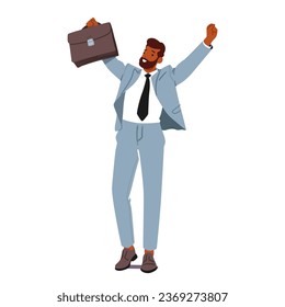 Determined Businessman Character Shines Brightly, Raises Fists In Triumph, Person Celebrating Success, Resilience, And Unwavering Determination In Corporate World. Cartoon People Vector Illustration