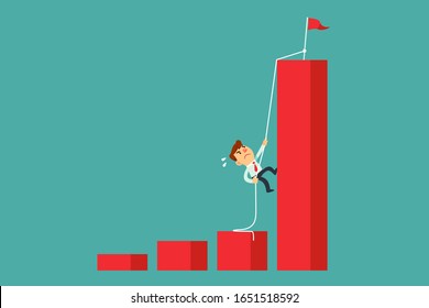 Determined businessman climbing rope to the top of highest bar graph. Ambition and determination business concept.