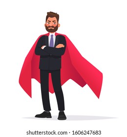 Determined businessman or office worker super hero in a red cloak. The concept of leadership and strength in business. Vector illustration in cartoon style.