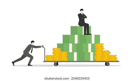 A determined businessman pushing a money trolley with boss sits on top. Financial growth, strategy, and success in investments. An economic ambition and wealth-focused goals for corporate growth.