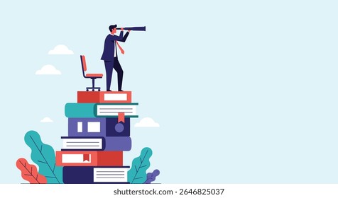 Determinado homem de negócios em pé numa pilha enorme de livros olhando por um telescópio com nuvens e plantas ao fundo representando a busca de conhecimento e oportunidades futuras