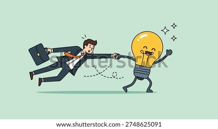A determined businessman in a suit is depicted chasing a cheerful, running light bulb, symbolizing the pursuit of new ideas and innovation.