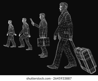 Um determinado homem de negócios de terno anda confiantemente com uma mala e um telefone celular, pronto para uma aventura. O modelo 3D apresenta um fundo escuro, adicionando mistério e antecipação.