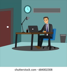 Determined businessman working on computer project looking at screen. Business man entrepreneur in a suit working at his office desk concept illustration vector. 
