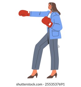 Determined businesswoman with boxing gloves ready to tackle challenges. Professional strength and confidence in a corporate setting. Vector illustration.