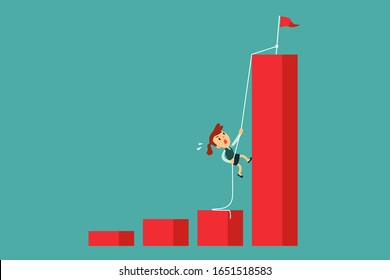 Determined businesswoman climbing rope to the top of highest bar graph. Ambition and determination business concept.